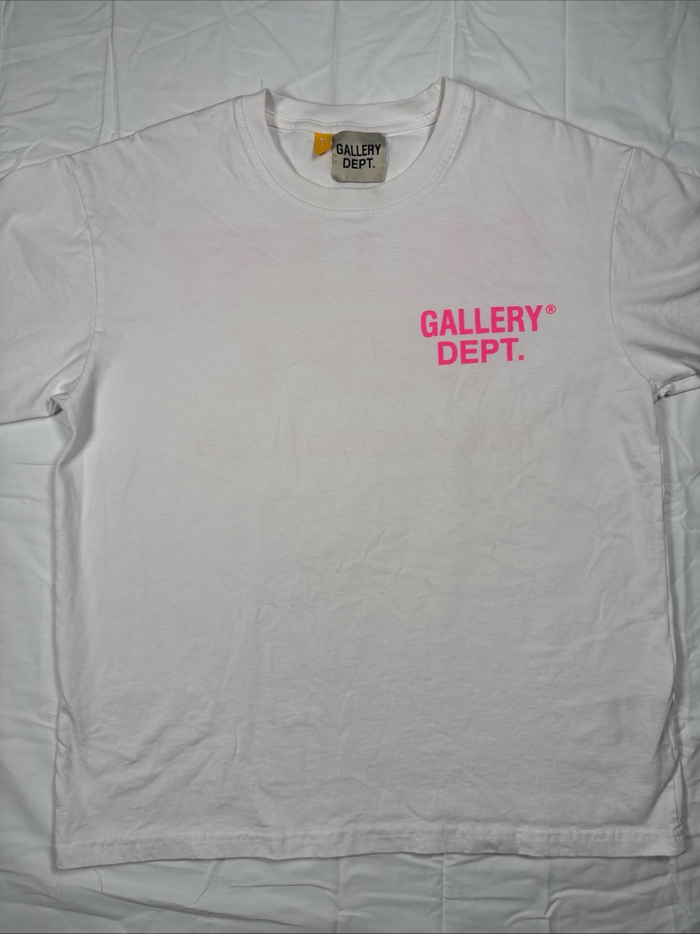Gallery Dept White Tee with Hot Pink Logo